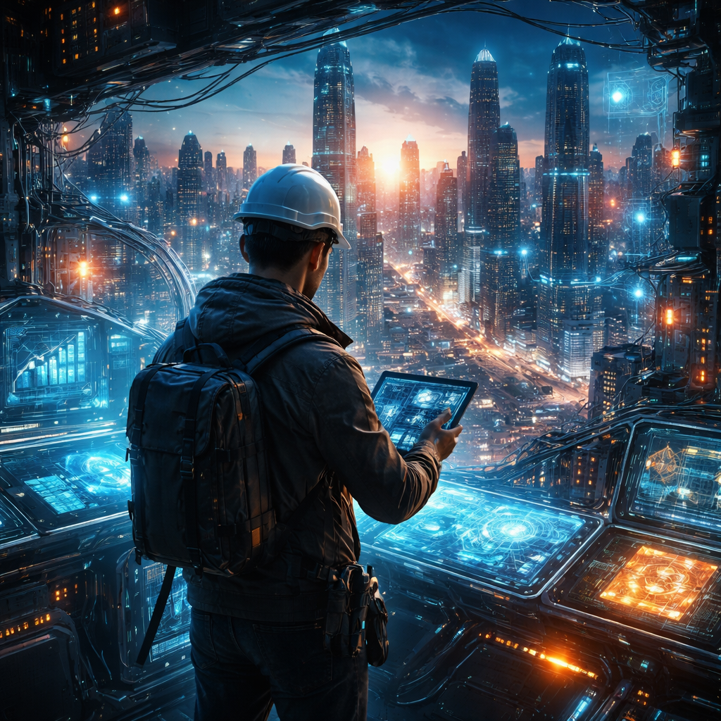 Engineer analyzing a futuristic city infrastructure system